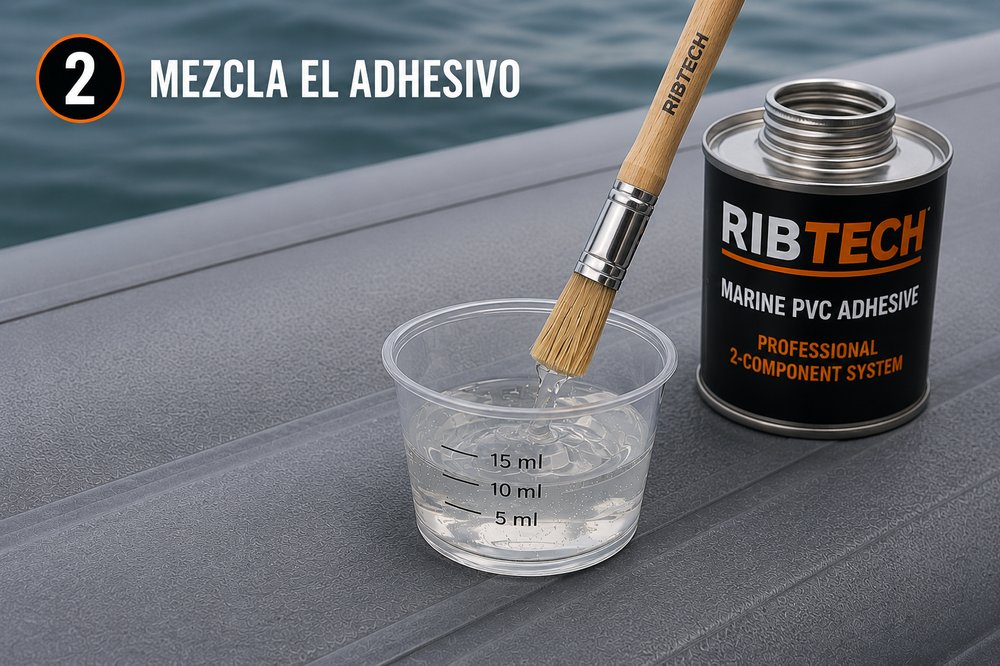 Mezcla del adhesivo con el catalizador en el vaso graduado